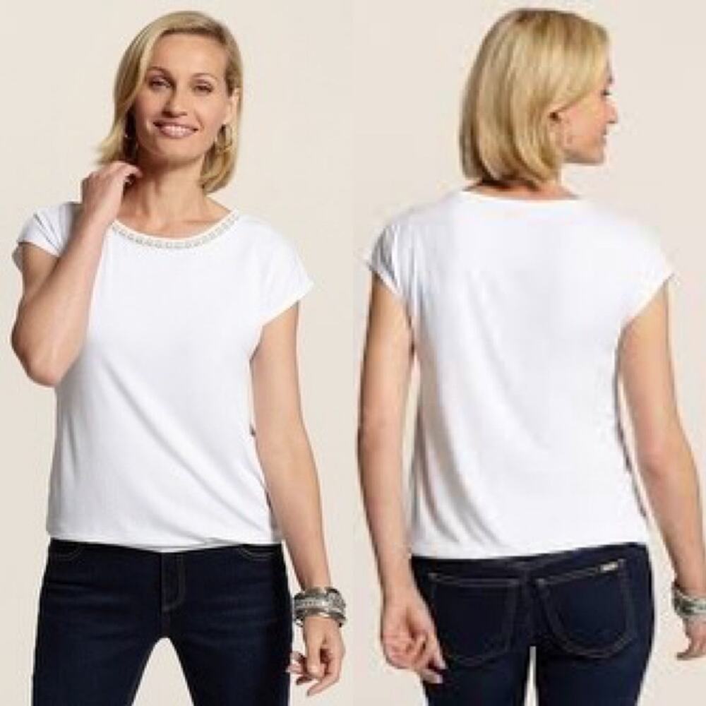 CHICO’S • White Beaded Dalora Short Sleeve Blouse Tee
